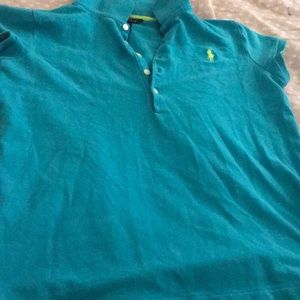 turquoise polo shirt with lime green polo sign